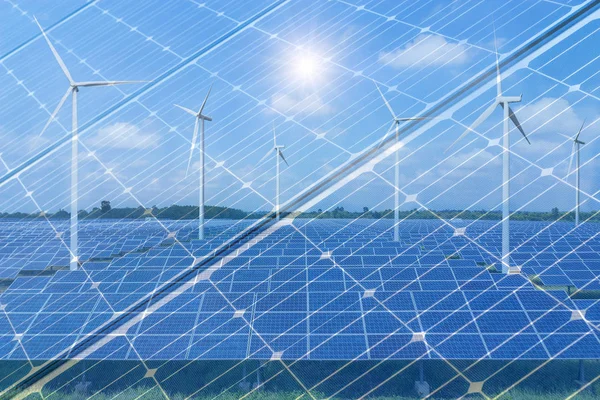 Dubbel exponering solceller textur och solkraftverk — Stockfoto