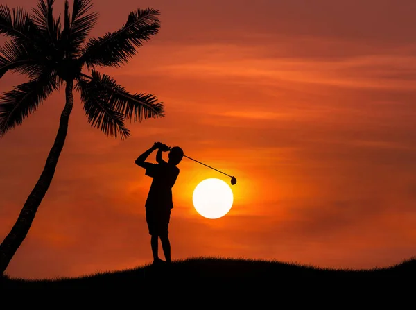Silueta joven golfista golpeando tiro de golf al atardecer con palmeras —  Fotos de Stock