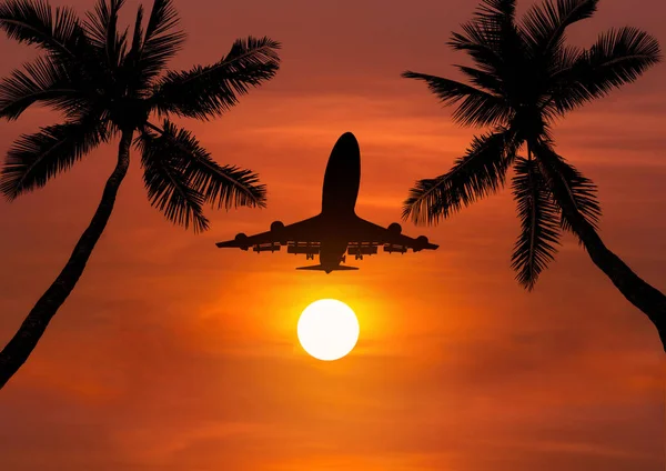 Silhouette airplane flying take off on sunset — Stock Photo, Image