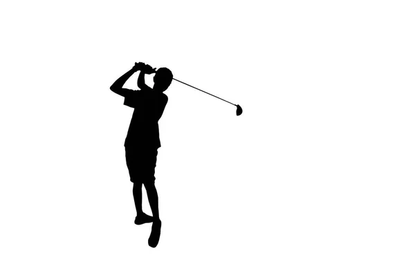 Silueta golfista en acción golpeando golf aislado sobre fondo blanco —  Fotos de Stock