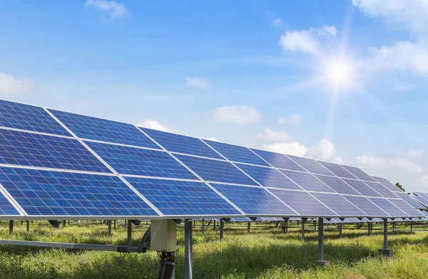 rows array of polycrystalline silicon solar cells in solar power plant turn up skyward absorb the sunlight from the sun use light energy to generate electricity