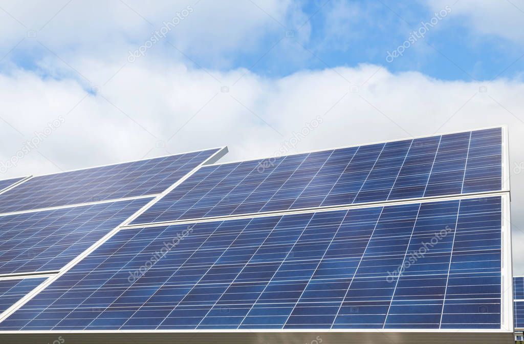 Close up rows array of polycrystalline silicon solar cells or photovoltaics in solar power plant turn up skyward absorb the sunlight from the sun use light energy to generate electricity alternative renewable energy from the sun 