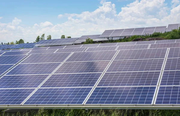 Acercamiento Filas Matriz Células Solares Silicio Policristalino Fotovoltaica Alternativa Planta — Foto de Stock