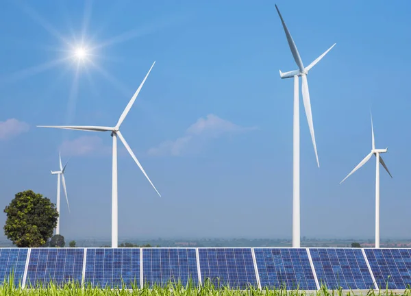 Rows Array Polycrystalline Silicon Solar Panels Wind Turbines Generating Electricity — Stock Photo, Image