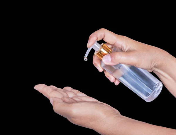 Vrouwelijke Handen Drukken Pomp Dispenser Alcohol Reinigingsmiddel Gel Fles Handen — Stockfoto