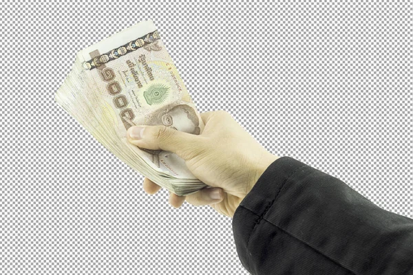 金を持っているビジネスマンの手とクリッピングパスを持つ白い背景に隔離された財布を持っている男 — ストック写真