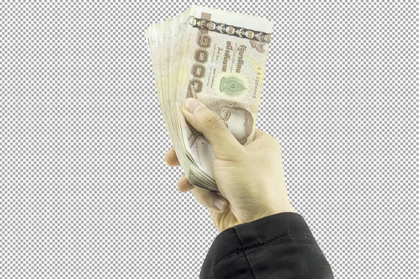 Бизнесмен Держит Деньги Человек Держит Бумажник Изолирован Белом Фоне Вырезкой — стоковое фото