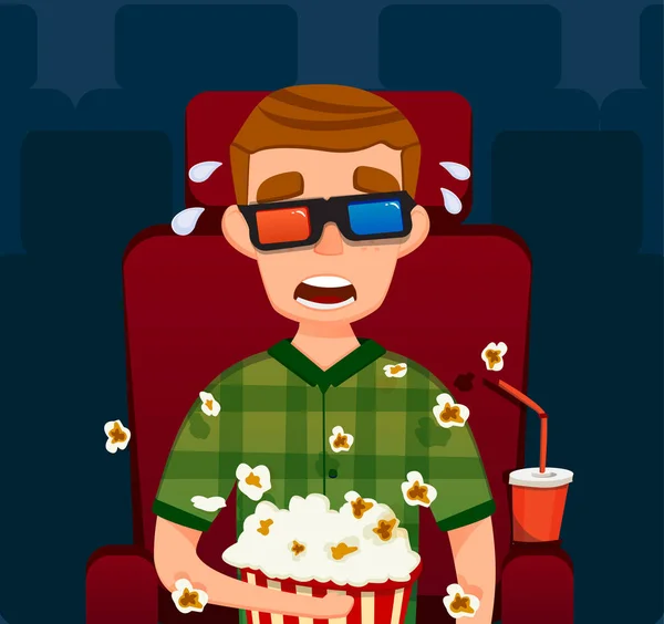 Un tipo aterrador. en el cine. Niño en 3D. Ilustración plana vectorial. Hombre sentado viendo películas. Con palomitas . — Vector de stock