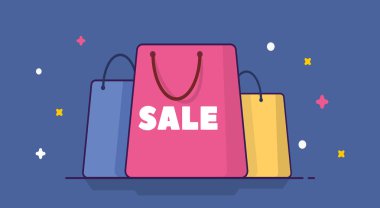 Satılık metin ile alışveriş torbaları. Düz vektör çizim. izole