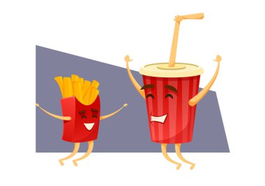 Fast food çizgi film karakterleri afiş kümesi. Mutlu lokanta çizgi film karakterleri runing, eğlenceli, sevinç ve dans. Kızarmış patates, kola karakter. Gülen ve having fun yemek dans kavramı.