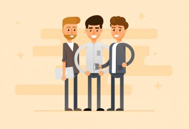 Bir çalışan ve patron gülümseyen iş. Takım elbiseli adam. Rüya takım. Mutlu iş adamları ayakta. Vektör çizim 