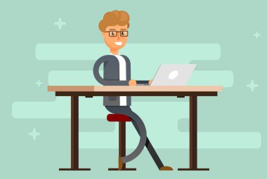 Dizüstü bilgisayarda çalışma gülümseyen iş adamı. Ofis işleri, vektör çizim 