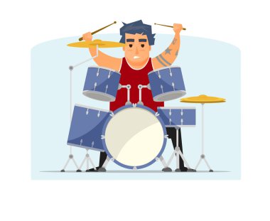 Rock müzisyeni dövme el, davulcu, vektör çizim ile gülümseyen, izole.
