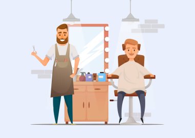 Sakallı Kuaför berber dükkanı ve sandalyede oturan istemci işyerinde karikatür. vektör çizim