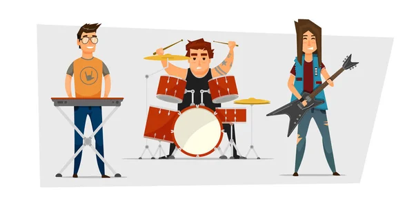 Rock band with man playing guitar, drummer, playing keyboard, isolated, vector illustration. — Stock Vector