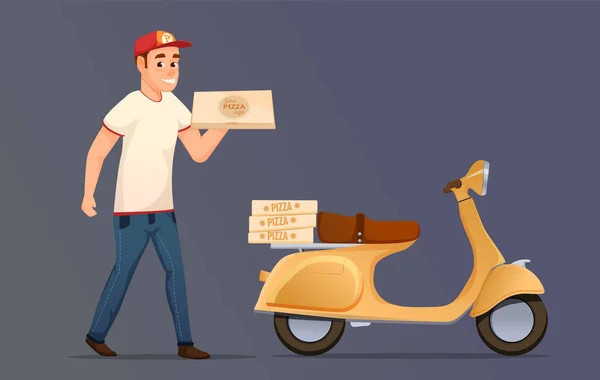 Fattorino simpatico fattorino di pizzeria su uno scooter con scatole di pizza, design piatto. Illustrazione vettoriale. Isolato — Vettoriale Stock
