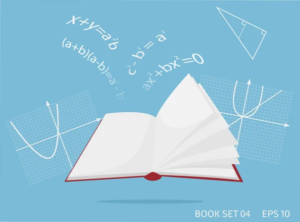 Açık kitap çırpınan ve boş sayfaları ile. Matematik formülleri. vektör çizim. izole