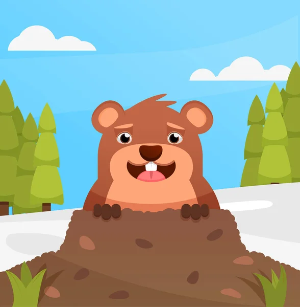 Happy Χαμογελώντας Groundhog Την Ευχητήρια Κάρτα Την Άνοιξη Χειμώνα Επίπεδη — Διανυσματικό Αρχείο
