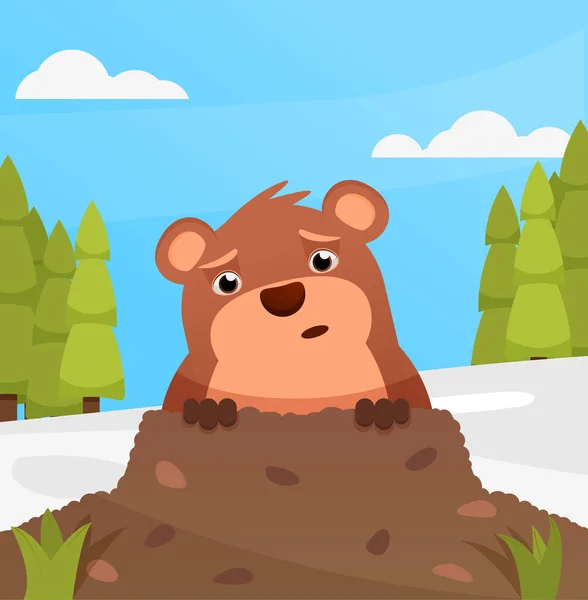 Groundhog Την Ευχητήρια Κάρτα Την Άνοιξη Χειμώνα Επίπεδη Απεικόνιση Κινούμενο — Διανυσματικό Αρχείο