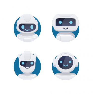Gelecekteki sohbet bot ayarlayın. Robot simgeleri mavi sevimli gözleri ve daire içinde izole gülümsüyor.