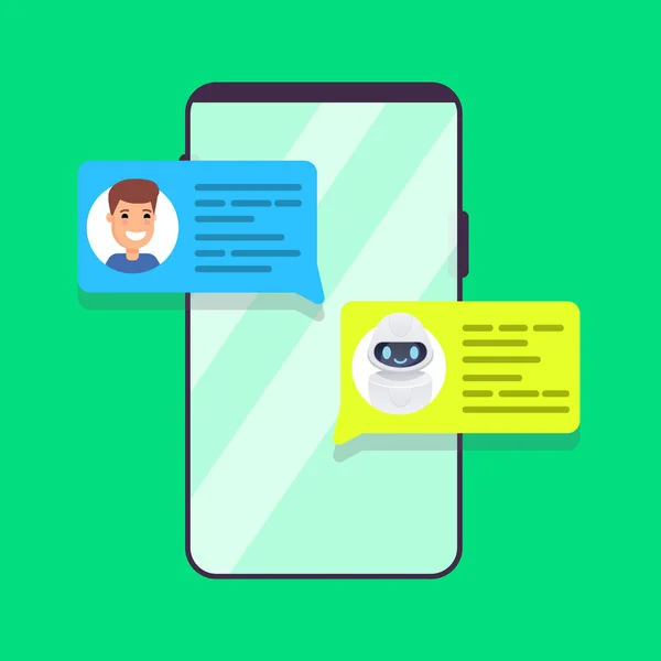 Man chatten met chat bot op smartphone. Vectorillustratie — Stockvector