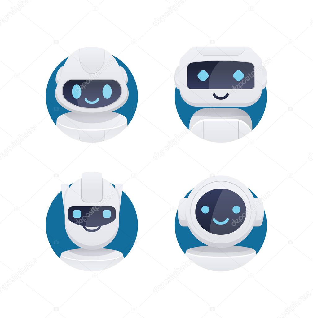 Future chat bot set. robot icons with blue cute eyes and smiles isolated in circle.