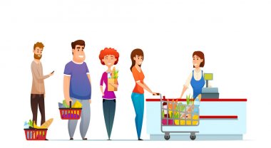 Müşteri sıra insanlar kasiyer ile nakit masasında süpermarkette alışveriş.