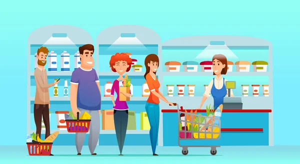 Cola de clientes gente de compras en el supermercado en el mostrador de efectivo con cajero . — Archivo Imágenes Vectoriales