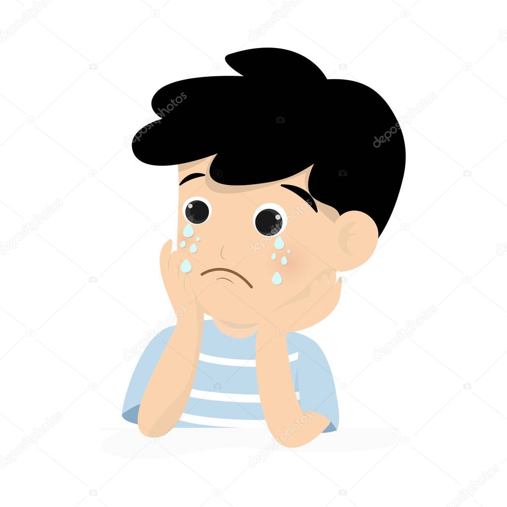 Sad boy is tearing isolated on background. Vector illustration in flat cartoon style.