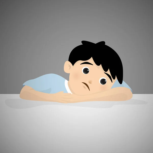 Sad boy sitting at table isolated on background. Vector illustration in cartoon character flat style. — Stock vektor