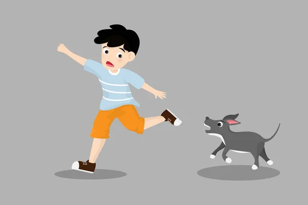 20 numaralı çocuk arka plandaki öfkeli köpekten kaçtı. Çizgi film karakteri düz biçiminde vektör illüstrasyonu.