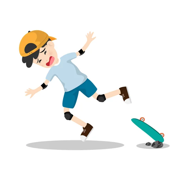 小男孩骑着滑板,孤立无援地倒在地上. 卡通人物平面风格的矢量图解. — 图库矢量图片