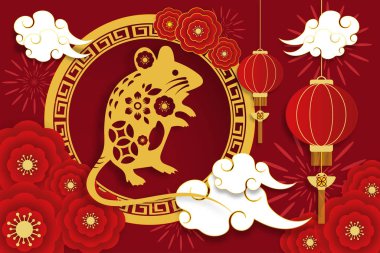 2020 'deki Çin Yeni Yılınız kutlu olsun. Zodiac Fare yılı. Kağıt sanatında vektör illüstrasyonu.