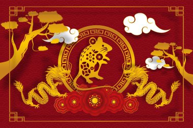 2020 'deki Çin Yeni Yılınız kutlu olsun. Zodiac Fare yılı. Kağıt sanatında vektör illüstrasyonu.