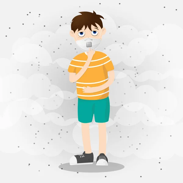 Μικρό αγόρι ή παιδί φορώντας μάσκα προστατεύουν τη ρύπανση Σκόνη Pm2.5 με φόντο τον καπνό. Εικονογράφηση διάνυσμα σε επίπεδη σχεδίαση κινουμένων σχεδίων. — Διανυσματικό Αρχείο