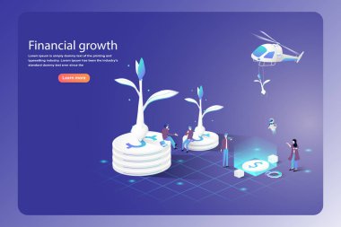 Sanal Mali Para Büyüme Konsepti. Dolar parasıyla büyüyen ve koyu mavi arka planda karakteri olan izometrik bitki ya da ağaç. Web şablonu ve sancak vektör illüstrasyon tasarımı.