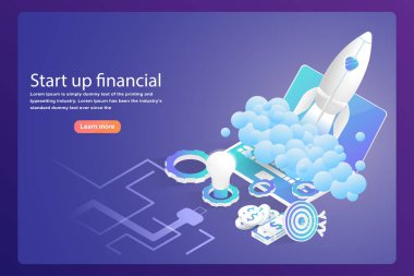 Başlangıç stratejisi ve finans veya yüzgeç teknolojisi. Lamba, dolar parası, hedef ve teçhizatla Isome roketi fırlatıldı. Vektör illüstrasyon şablonu dizaynı. Temel Rgb