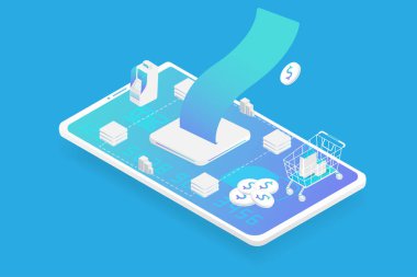 Isometric E-vergi faturası online teknoloji konsepti. Vergi ödemesi, devlet vergisi. 3B dizaynlı vektör.