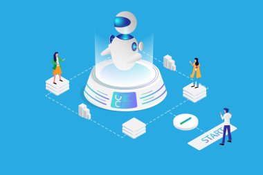 Yapay Zeka İniş sayfası konsepti. İznik insanlar ileri teknoloji robotlarıyla gelecekteki laboratuvarda takım çalışması yapıyorlar. Başarılı iş ve mali strateji.