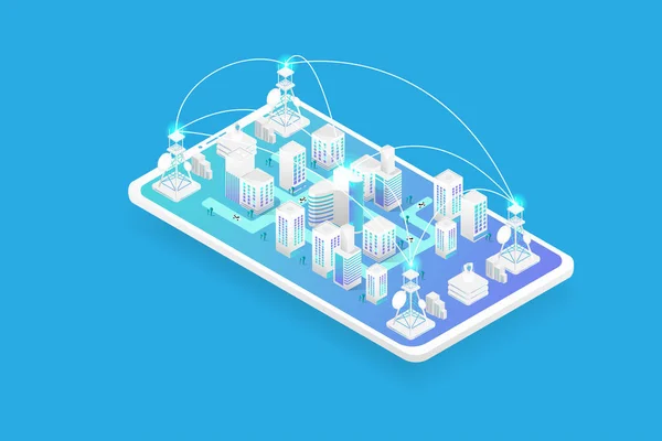 Akıllı şehir ve akıllı telefondan 5G teknoloji ağı. 3 boyutlu tasarım içinde vektör illüstrasyonu.