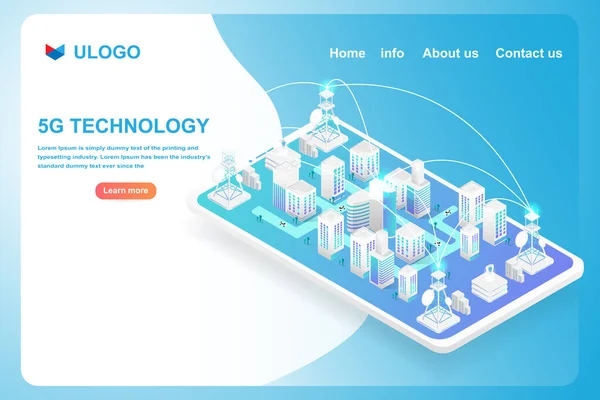 Akıllı şehir ve akıllı telefondan 5G teknoloji ağı. 3 boyutlu tasarım içinde vektör illüstrasyonu.