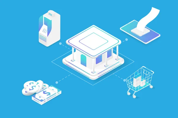 İsimli Isometric bankacılık binası, dolar para yığını ve ATM makineli banknot ve telefondaki e-vergi mavi arka planda izole edildi.