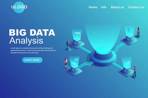 Big Data Landing Page Konzept. Isometrische Menschen arbeiten in einem futuristischen Labor mit High-Tech-Geräten zusammen. Geschäfts- und Finanzstrategie für erfolgreich. Vektorillustration design.basic rgb — Stockvektor