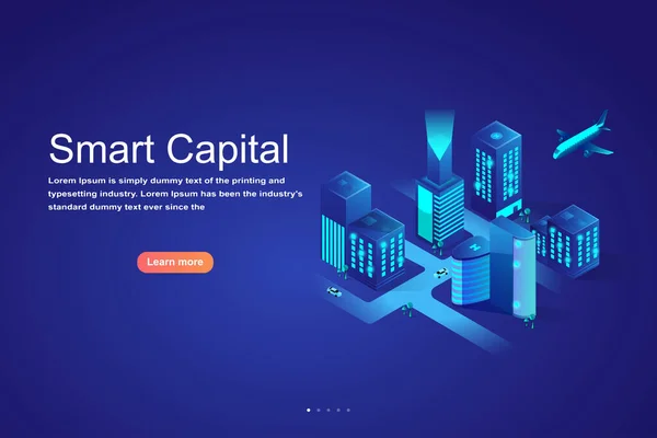 Isometric şehir, sermaye, akıllı binalar. Web şablonu ve iniş sayfası vektör tasarımı. Temel Rgb