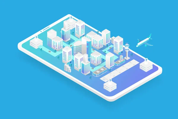 Isometric city, capital, Intelligent buildings on smartphone. Web template and landing page vector design. — Stock Vector