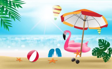 Yaz tatili kavramı. Flamingo cankurtaran şamandıralı sahil manzarası. Vektör çizimi. Satış ve fiyat indirimi için kullanılan arkaplan.