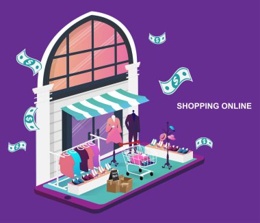 İnternetten alışveriş ve teslimat konsepti. Arkaplanda mağazası ve ürünü olan devasa akıllı bir telefon. Vektör illüstrasyon tasarımı.