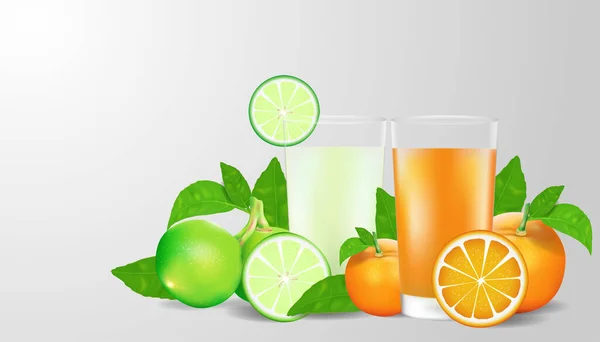 Orangen- und Limettensaft und Früchte mit Blättern im Hintergrund. Vektor-Illustration im realistischen Stil. — Stockvektor