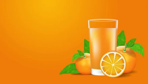 Orangensaft und Früchte mit isolierten Blättern im Hintergrund. Vektor-Illustration im realistischen Stil. — Stockvektor