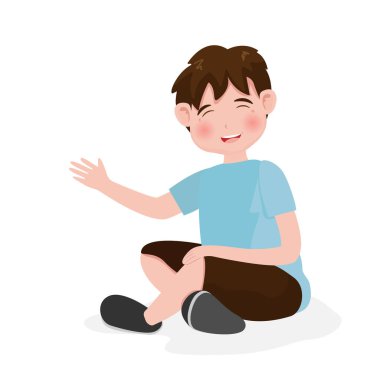 Tatlı küçük çocuk ya da çocuk arka planda yalnız ve mutlu bir şekilde oturuyor. Çizgi film tarzında vektör illüstrasyonu.